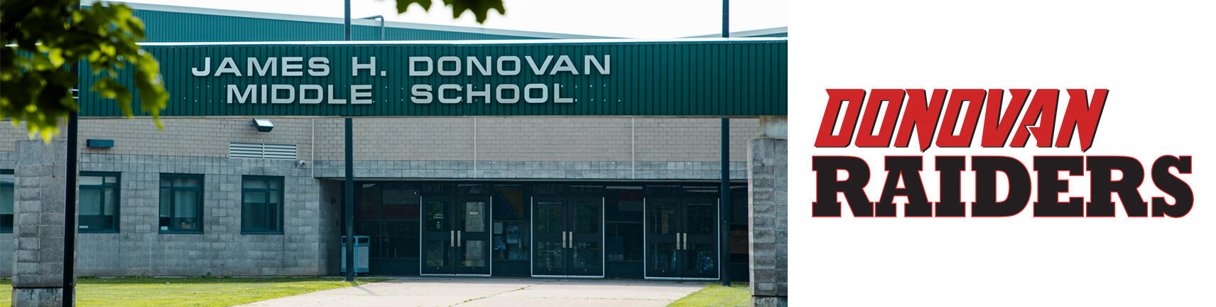 Снимка на сградата на училище Donovan и логото на Donovan Raiders
