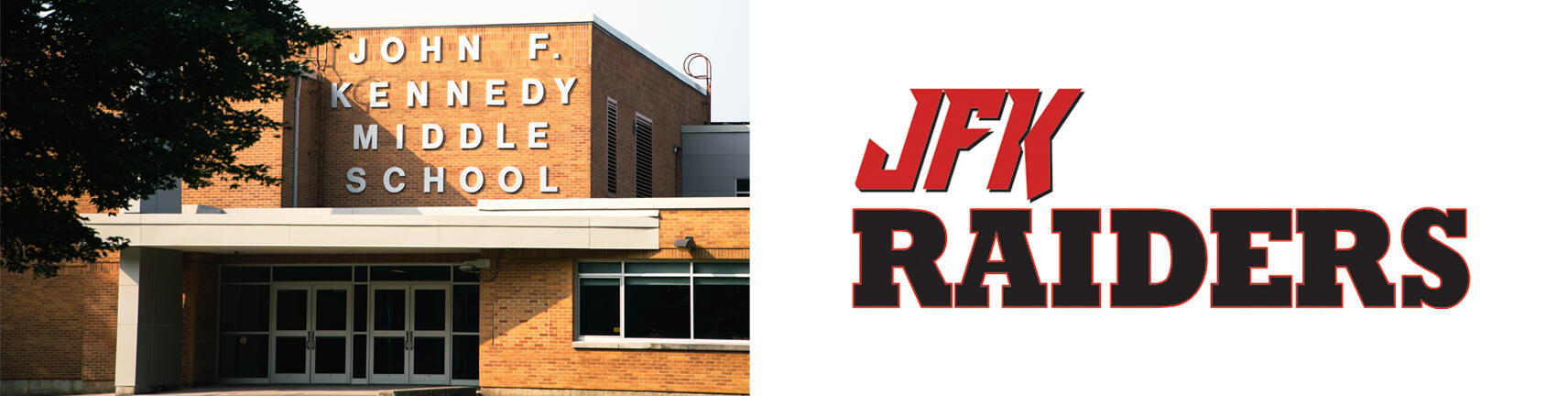 Снимка на сградата на училище JFK и логото на JFK Raiders